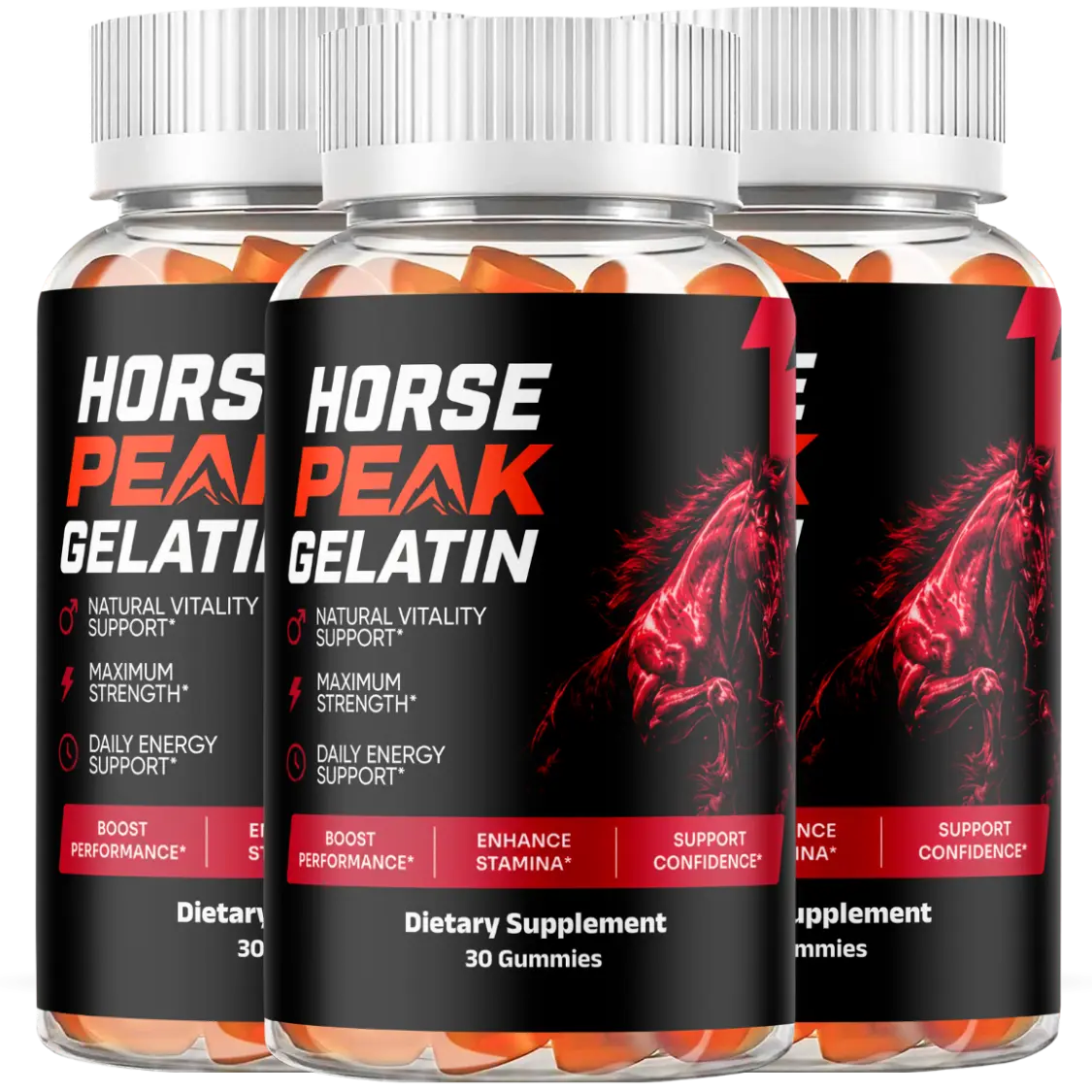 Three bottles of Horse Peak Gelatin vitality gummies